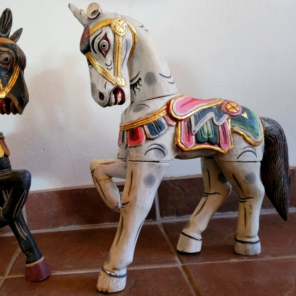 Old Ornate Hand Carved Wood White Carosel Horse